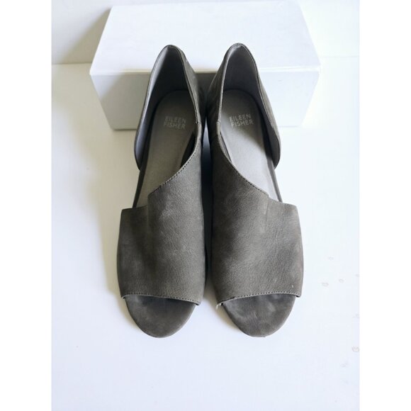 Eileen Fisher D'Orsay Peep Open Toe Gray Leather Wedge Heel Sandals Shoes 8.5 - Picture 7 of 14